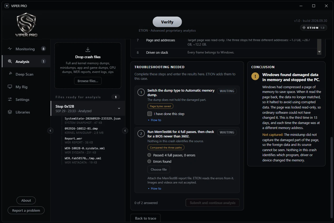 Crash report conclusion with troubleshooting steps